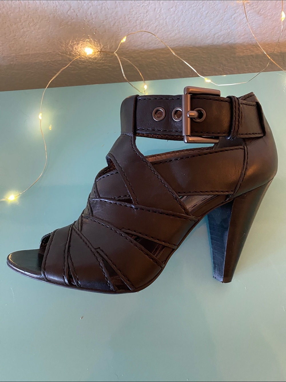 Coach Black Leather Strappy Peep-Toe Heels with Buckle - Picture 4 of 13
